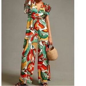 Anthropologie Farm Rio Ruffle-Sleeve Linen Jumpsuit Size XL